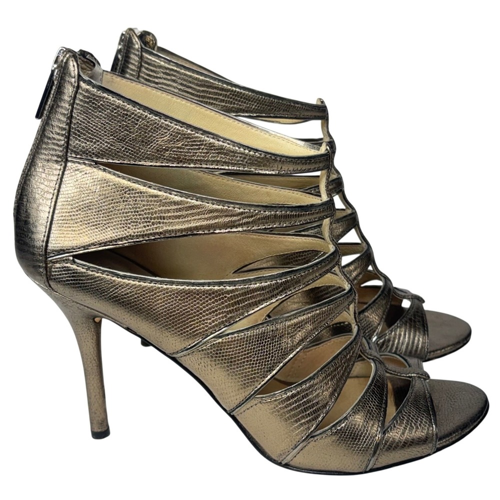 Michael Kors Strappy Heeled Sandals Pewter Metallic Snakeskin T Strap Cutout 8.5